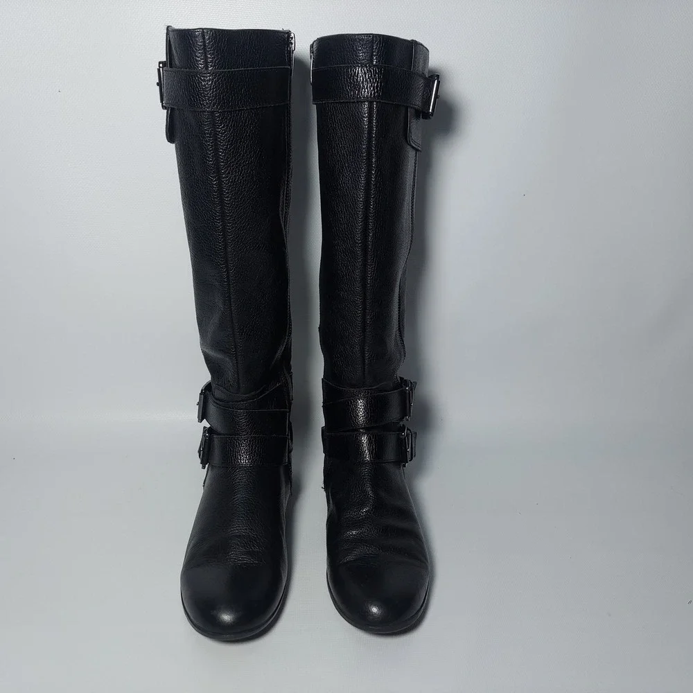 Enzo Angiolini Leather Boots Women 7.5 Black Calf High Riding Buckle Zip Fashion